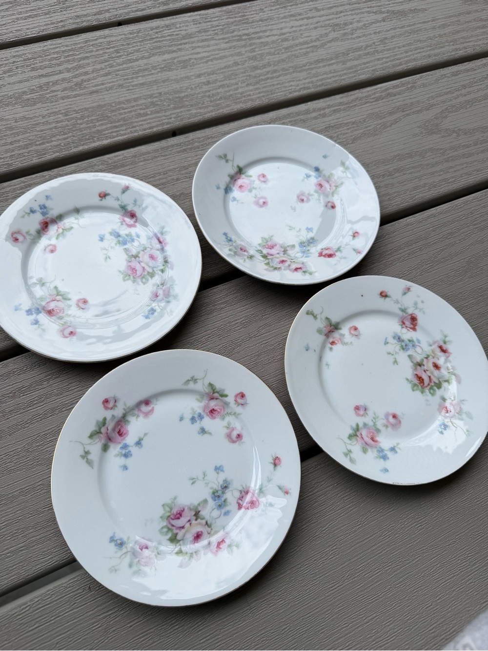 Vintage Germany Floral Porcelain Dessert Plates Set of 4 Pink Roses Gold Trim